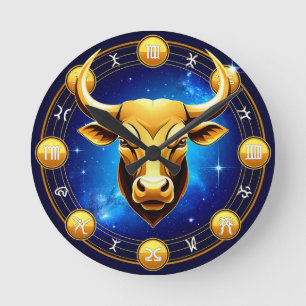Horloge Ronde Taureau doré dans un cercle zodiacal cosmique