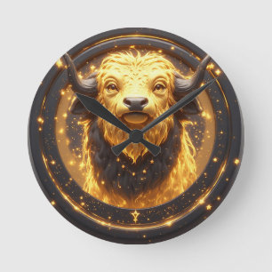Horloge Ronde Taureau doré en or dans une roue zodiacale circula