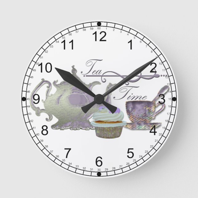Horloge Ronde Tea Time! Lilac Teapot, Teacup and Cupcake Art (Recto)