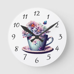 Horloge Ronde Teacup antique aux fleurs Vintages