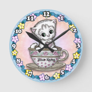 Horloge Ronde Teacup Kitten Chat
