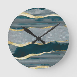 Horloge Ronde Teal Agate Gold Stripe Glam #1 #gem #decor #art