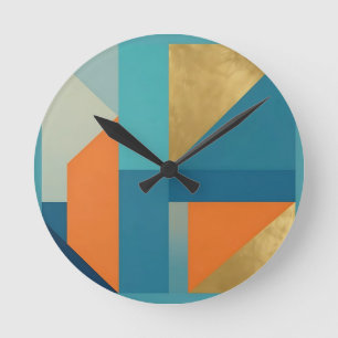 Horloge Ronde Teal Orange Or Géométrique Abstrait