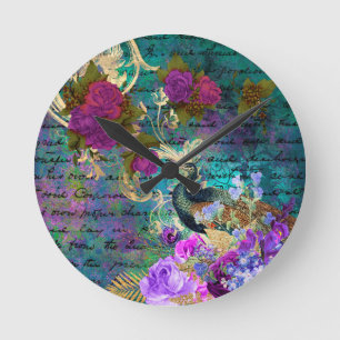 Horloge Ronde Teal Peacocks Peacock French Acrylic Wall Clock