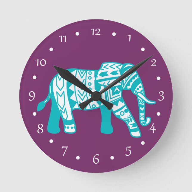 Horloge Ronde Teal Tribal Walking Elephant (Recto)