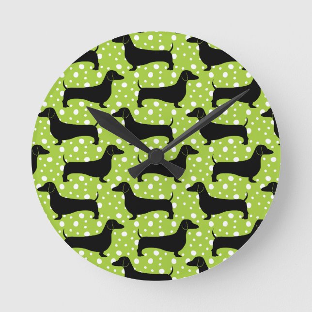 Horloge Ronde Teckels verts de polka (Recto)