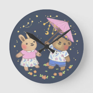 Horloge Ronde Teddy Bear et Bunny under the Stars Illustration