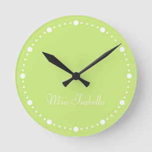 Horloge Ronde Tendance Couleur Printemps Vert Blanc Points Arron