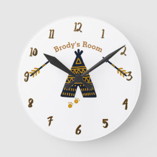 Horloge Ronde Tente Blue & Gold Boho Rustique Nom Personnalisé