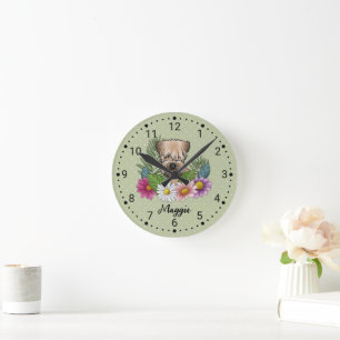 Horloge Ronde Tenter Wheaten à poil doux avec fleurs et nom