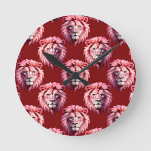 Horloge Ronde Tête de lion rose bordeaux Design 