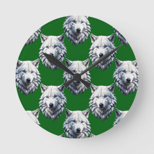 Horloge Ronde Tête de loup blanc motif design vert