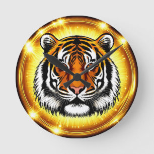 Horloge Ronde Tête de Tigre Majestueuse avec Lumières Dorées Écl