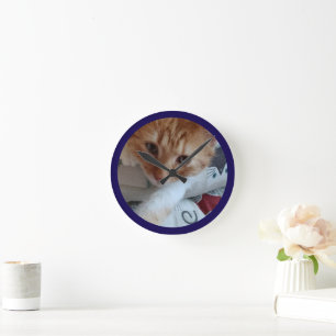 Horloge Ronde Texte de photo de chat Personnaliser