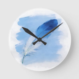 Horloge Ronde Texture d'impasto 3D Plume Bleu Cobalt Art Moderne