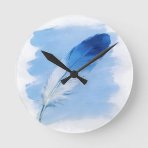 Horloge Ronde Texture d'impasto 3D Plume Bleu Cobalt Art Moderne