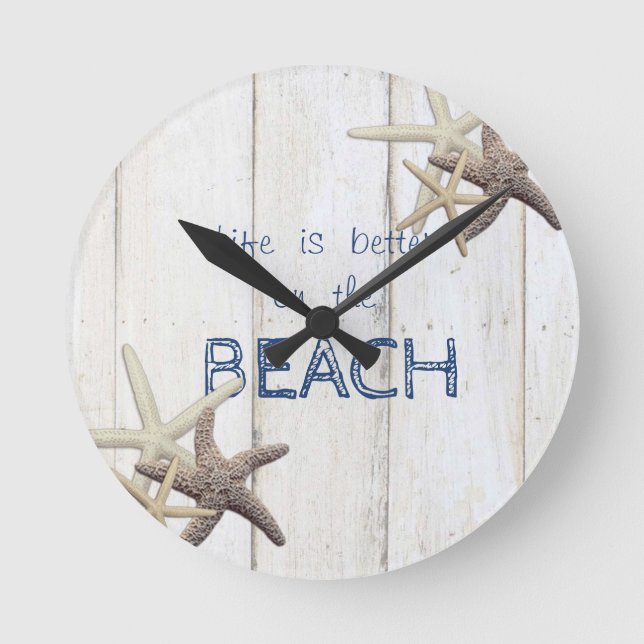 Horloge Ronde Texture en bois adorable, étoile de mer, plage (Recto)