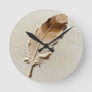 Horloge Ronde Texture Impasto 3D Taupe Plume Élégant Moderne