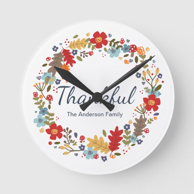 Horloge Ronde Thanksgiving Thankful Fall personnalisée (Recto)