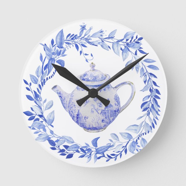 Horloge Ronde Théière Bleue et Blanche avec Couronne  (Recto)