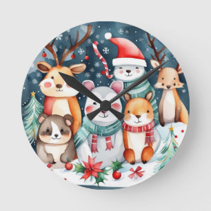 Horloge Ronde Thème de Noël Animaux mignons