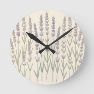 Horloge Ronde Tiges de Lavande Élégantes Botanique Violet Clair