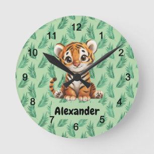 Horloge Ronde Tigre de dessin mignon sur Feuilles tropicaux