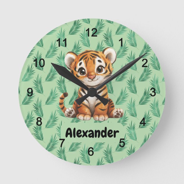 Horloge Ronde Tigre de dessin mignon sur Feuilles tropicaux (Recto)