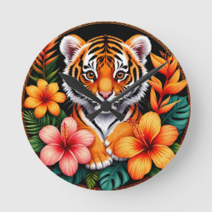 Horloge Ronde Tigre entouré de fleurs tropicales