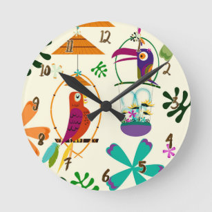 Horloge Ronde Tiki Birds Tropical Personnalisé