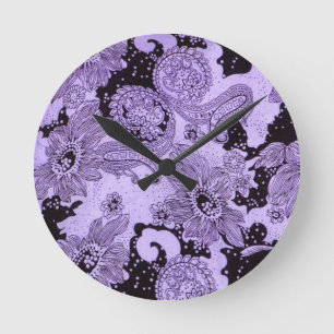 Horloge Ronde Tissu floral pourpre vintage