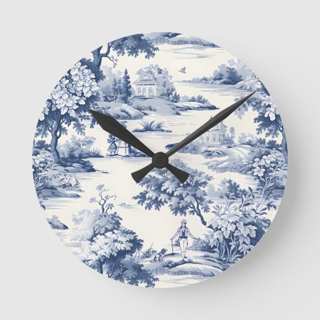 Horloge Ronde Toile de jouy, bleu et blanc, porcelaine, (Recto)
