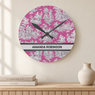 Horloge Ronde Toile de Jouy florale rose magenta vintage monogra