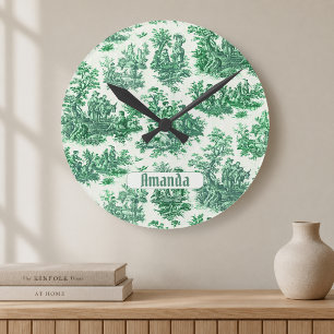 Horloge Ronde Toile de Jouy verte florale vintage monogramme