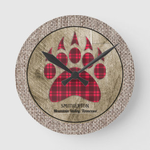 Horloge Ronde Toile de jute Rustique Bois Rouge Plaid de Buffalo