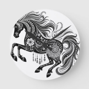 Horloge Ronde Toile murale décorative cheval mandala bohème