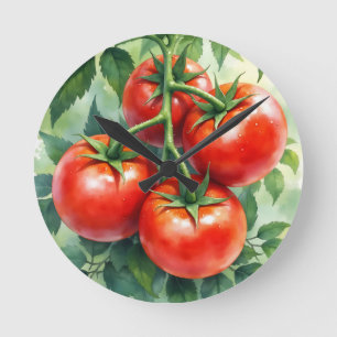 Horloge Ronde Tomate Mûre Aquarelle Fraîche de Vigne
