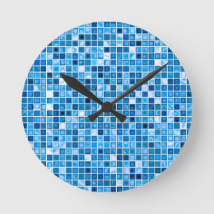 Horloge Ronde Tons Bleus "Aquarelle" Mosaïque Carreaux Motif