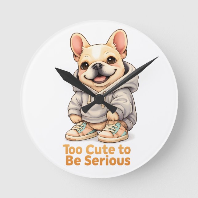 Horloge Ronde Too Cute to Be Serious – Funny French Bulldog  (Recto)
