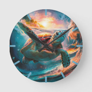 Horloge Ronde Tortue de mer aquarelle colorée