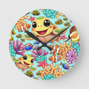 Horloge Ronde Tortue de mer Bébé heureux et mignonne personnage