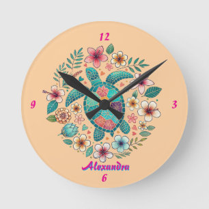 Horloge Ronde Tortue de mer Floral Boho École Bureau Nom Rond