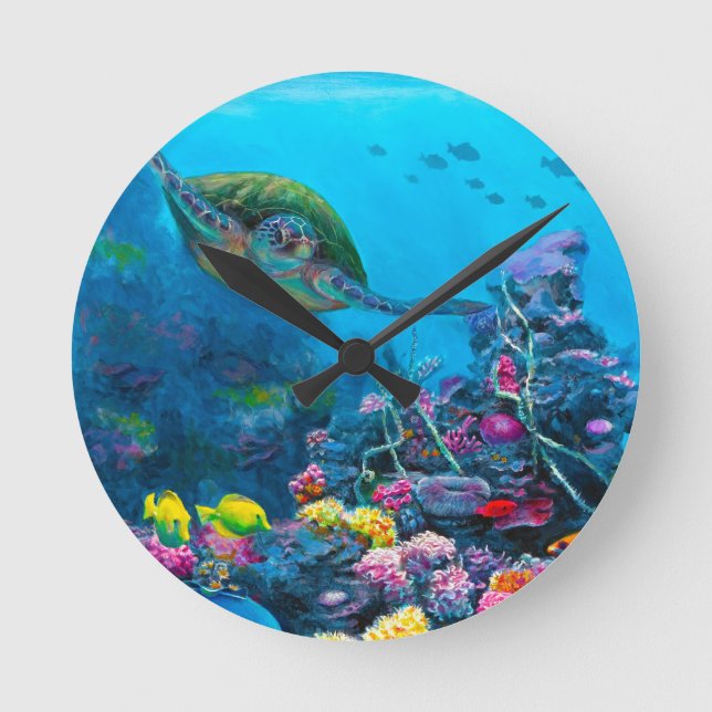 Horloge Ronde Tortue de mer verte hawaïenne récif de poisson tro (Recto)