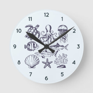 Horloge Ronde Tortue de plage d'été Poisson Requin Octopus Coqui