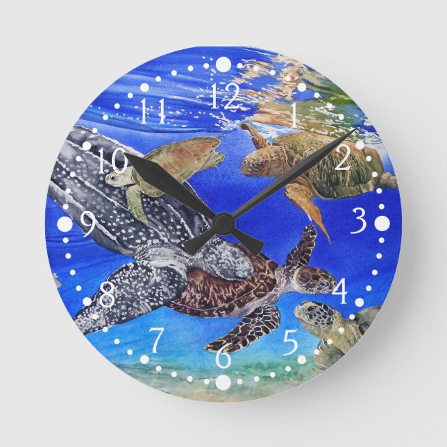 Horloge Ronde Tortues de mer sous-marines Art Espèces menacées (Recto)