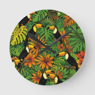 Horloge Ronde Toucans Colorés Feuilles de Jungle Tropicale Hibis