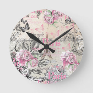 Horloge Ronde Tour Eiffel floral de Paris de typo de rose