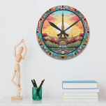 Horloge Ronde Tour Eiffel Paris Paris Floral<br><div class="desc">Coucher de soleil parisien Eifel Tower Paris France Floral Horloges présente un coucher de soleil de style art déco avec la Tour Eiffel dans un cadre fleuri et audacieux. Créé par Evco Studio www.zazzle.com/store/evcostudio</div>