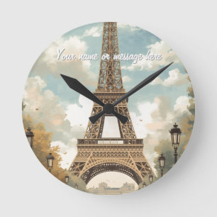 Horloge Ronde Tour Eiffel Paris Voyage Art Rétro Vintage Nom