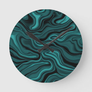 Horloge Ronde Tourbillon de marbre noir sarcelle Abstrait Vague